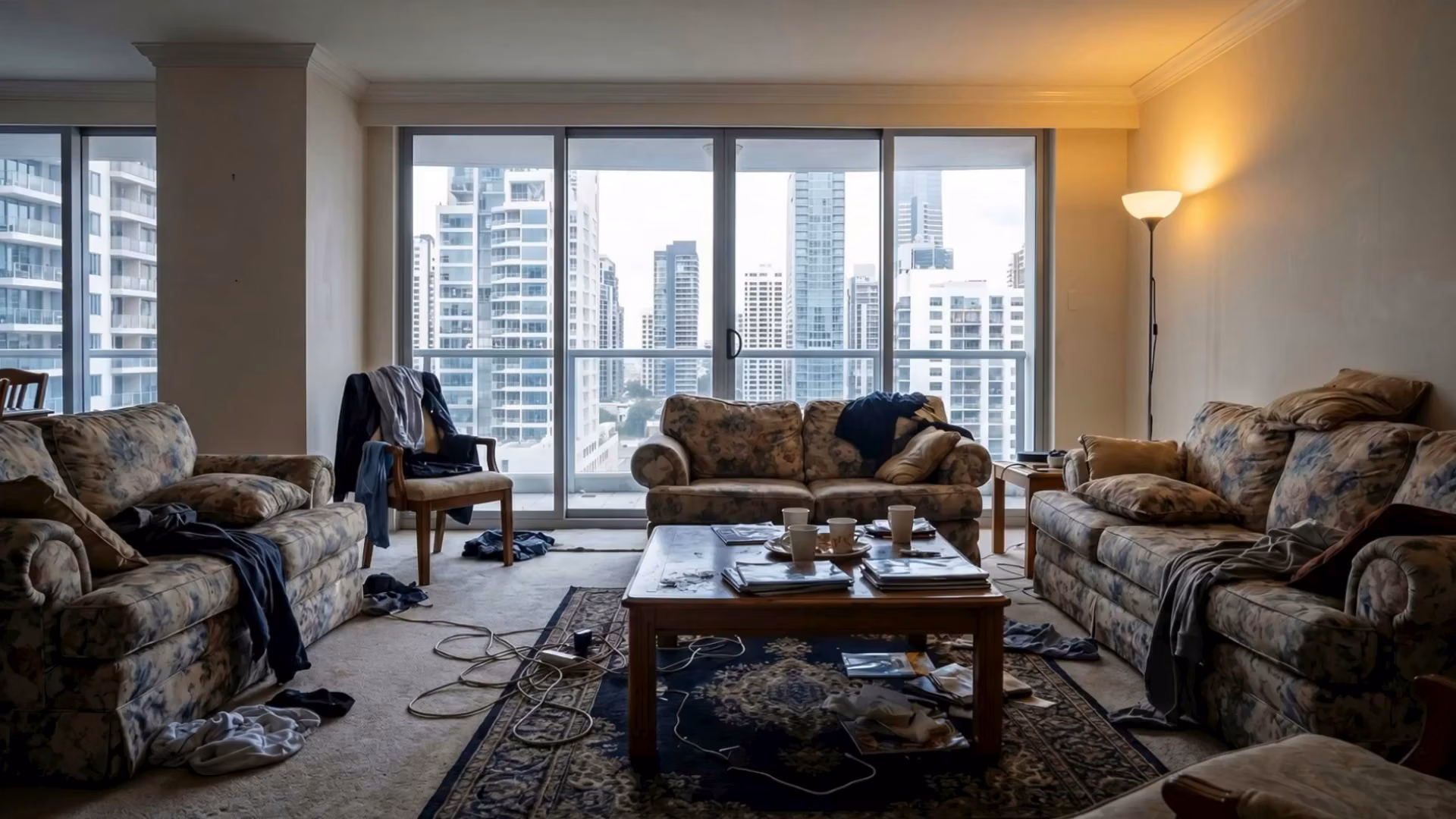 Cluttered living room with dated furniture cleared by AI item removal, virtually staged with modern furniture, and finished with sky replacement for an MLS-ready listing photo.